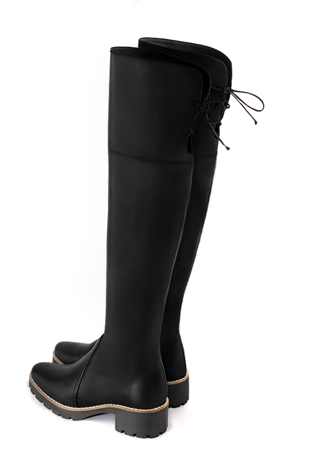 Satin black women's leather thigh-high boots. Round toe. Low rubber soles. Made to measure. Rear view - Florence KOOIJMAN